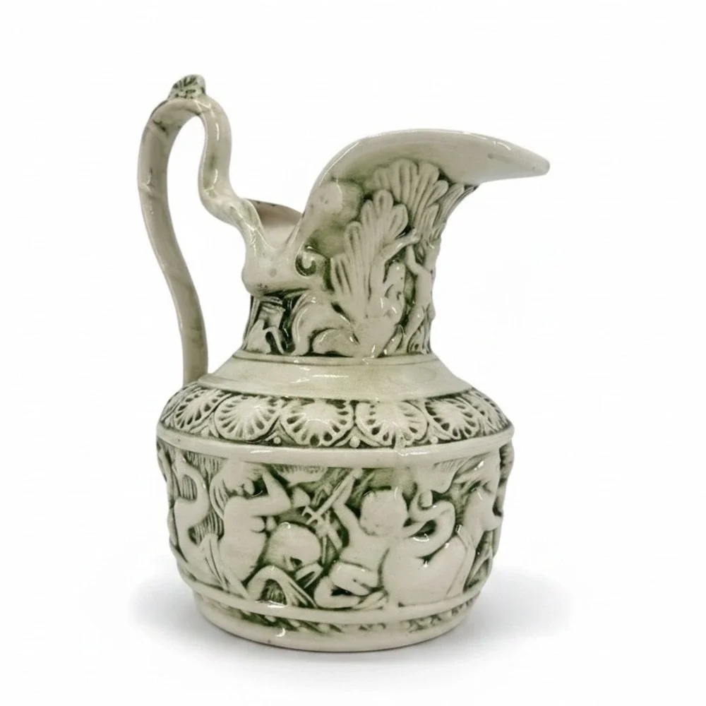 Vintage Ceramic Vase Pitcher Ewer Greek Poseidon Mermaid Cherub Green 3D Relief